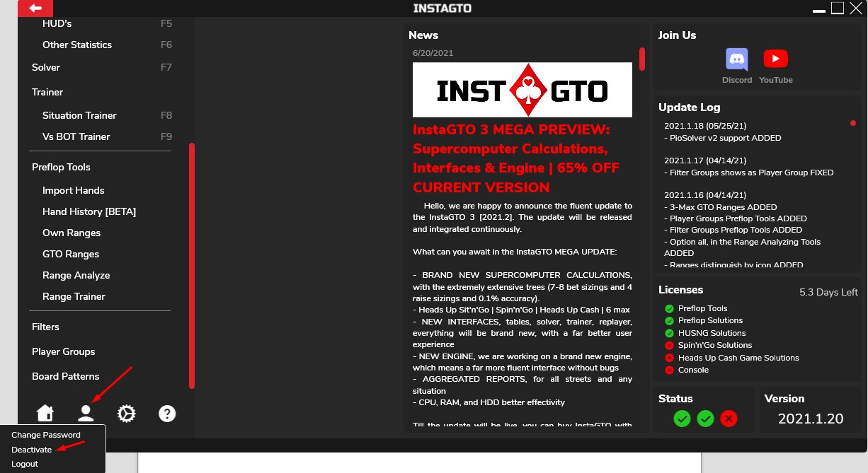 In addition to deactivation, the main Insta GTO window contains the latest news about the program and the history of updates. 