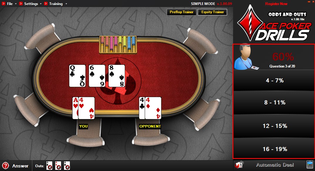 Exercise of hand equity in poker in practice 