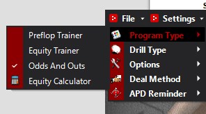switching between training modes and other Ace Poker Drills settings