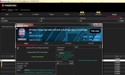How do I find a tournament by ID or name at PokerStars?